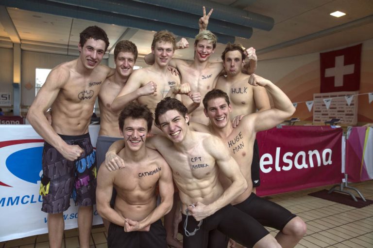 SchwimmClub Uster Wallisellen's men team with Luc DILLIER (top row L-R), Niklas FRIEDERICI, Alexander BERNATSCHEK, Nico SPAHN and Gino DEFLORIAN, Tim VAN BERKEL (bottom row L-R), Aron SERAFINI and Julien BAILLOD pose for a photo after finishing second in the NLB Swiss Swimming Club Championships at the Hallenbad Buchholz in Uster, Switzerland, Sunday, March 24, 2013. (Photo by Patrick B. Kraemer / MAGICPBK)