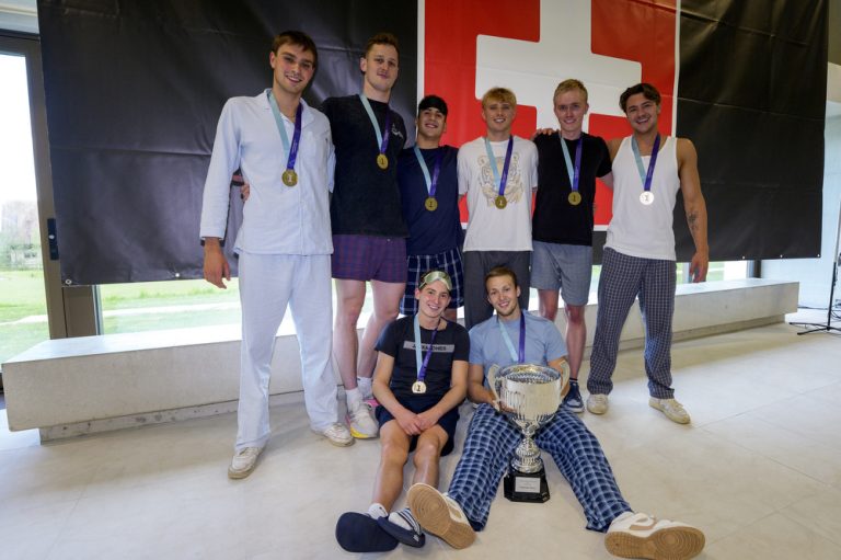 The men’s team from Schwimmclub Uster pose for a photo with their gold medals and the trophy after winning the Swiss Short Course Swimming Team Championships in Oberkirch, Switzerland, Sunday, April 19, 2026. (Photo by Patrick B. Kraemer / MAGICPBK)