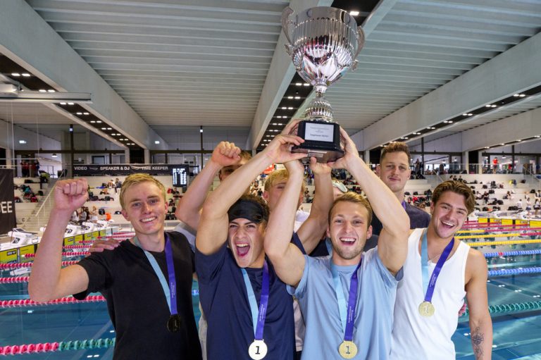 The men’s team from Schwimmclub Uster pose for a photo with their gold medals and the trophy after winning the Swiss Short Course Swimming Team Championships in Oberkirch, Switzerland, Sunday, April 19, 2026. (Photo by Patrick B. Kraemer / MAGICPBK)