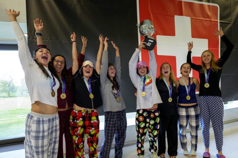 The women’s team from Schwimmclub Uster pose for a photo with their gold medals and the trophy after winning the Swiss Short Course Swimming Team Championships in Oberkirch, Switzerland, Sunday, April 19, 2026. (Photo by Patrick B. Kraemer / MAGICPBK)