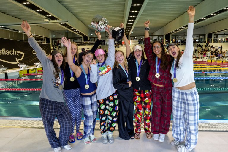 The women’s team from Schwimmclub Uster pose for a photo with their gold medals and the trophy after winning the Swiss Short Course Swimming Team Championships in Oberkirch, Switzerland, Sunday, April 19, 2026. (Photo by Patrick B. Kraemer / MAGICPBK)